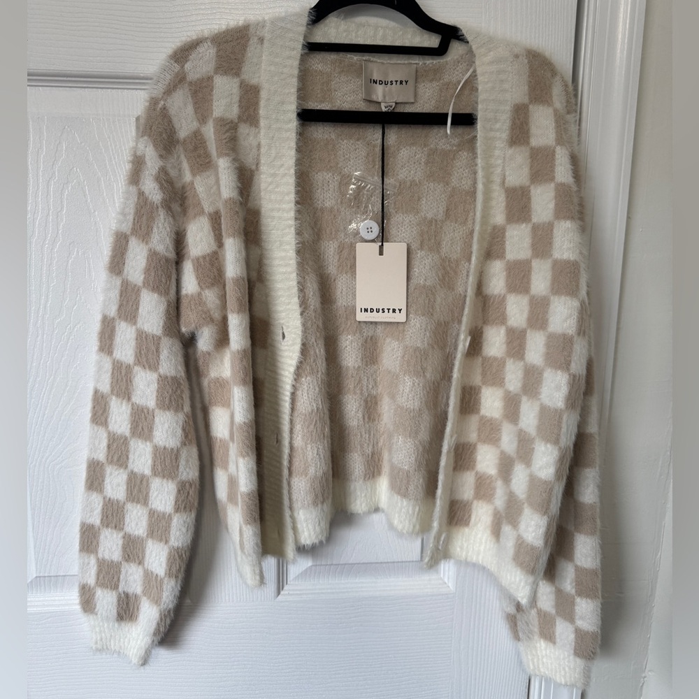 Industry Beige and White Checkered Cardigan